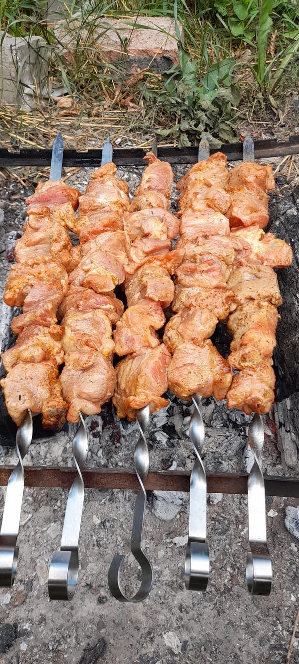 Outdoor grilling session with wildflowers and foliage nearby