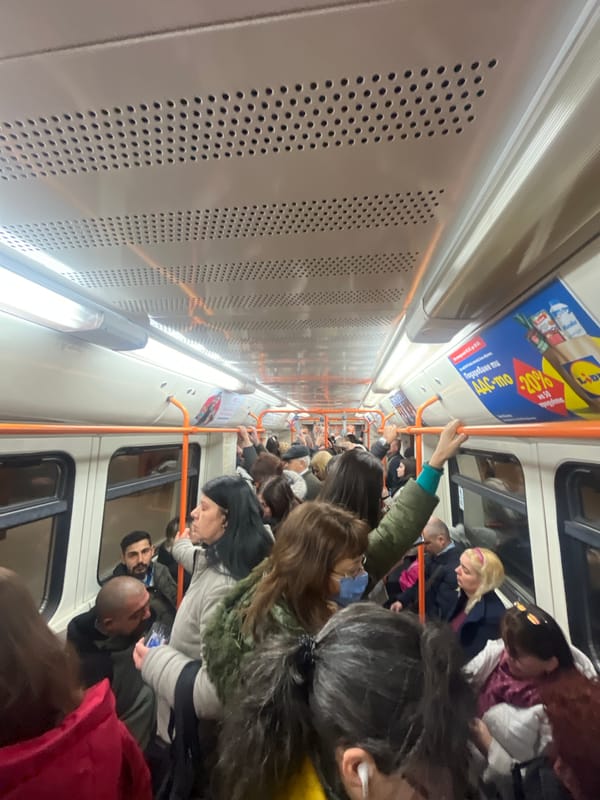 Rush hour crowd packs Sofia subway car