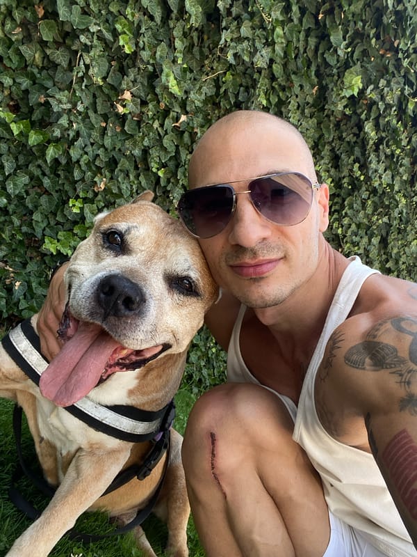 Sunny selfie with a dog against lush ivy in Pleven