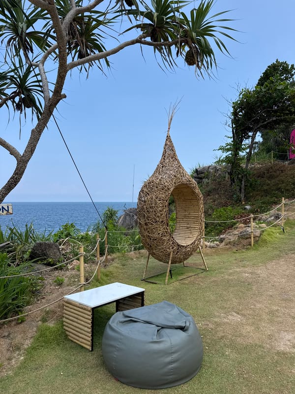 Tourist enjoys coconut drinks at scenic Patong beachfront cafe