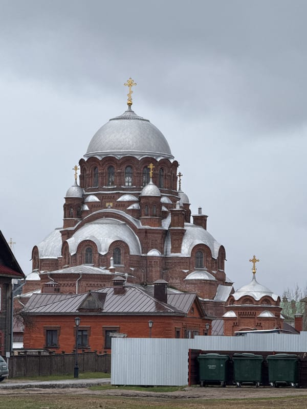 Russian cathedral with silver domes photographed in Sviyazhsk