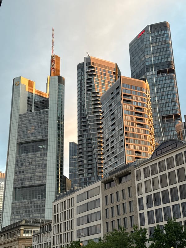 Frankfurt skyline and street life on a July evening
