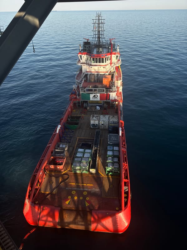 Offshore supply vessel works Adriatic platform run, cargo loaded
