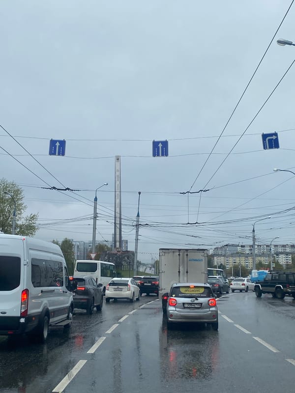 Traffic congestion observed on wet streets in Irkutsk, Russia