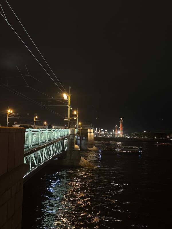 Saint Petersburg landmarks illuminated in nighttime river views