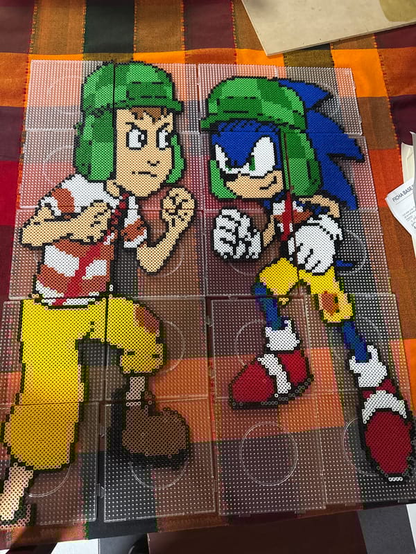 Sonic the Hedgehog Perler bead art crafted in Puebla