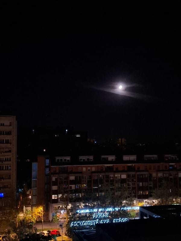 Nighttime moon visible over illuminated apartment buildings in Novi Sad