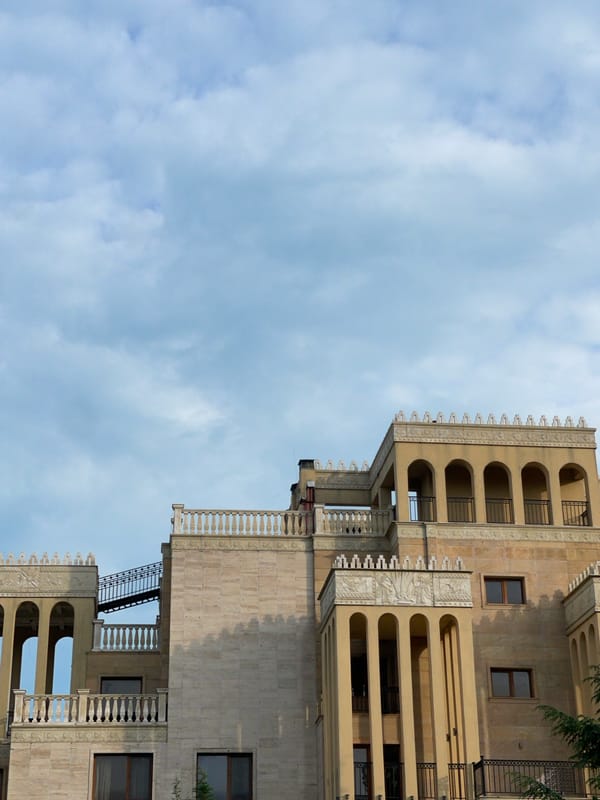 Ornate building photographed at unusual angle in Varna, Bulgaria