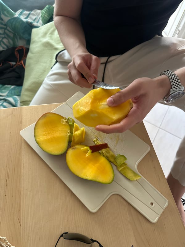 Casual food preparation and daily activities documented at Greek beach
