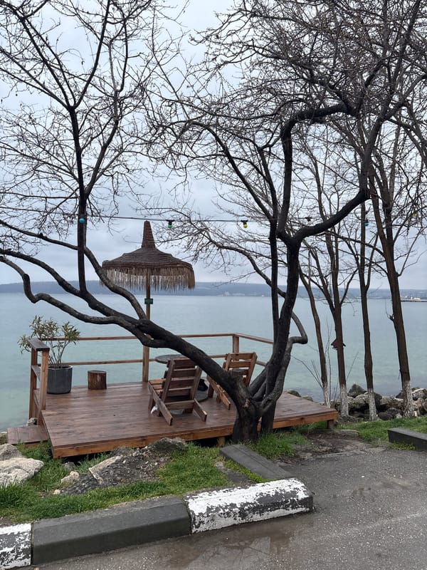 Lakeside wooden deck with furniture observed in Varna, Bulgaria