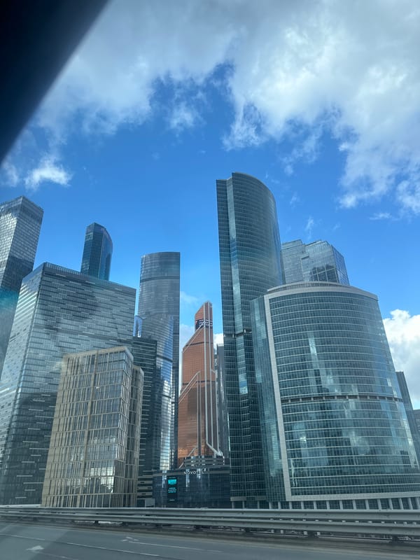 Multiple views captured of Moscow-City skyscrapers from street level