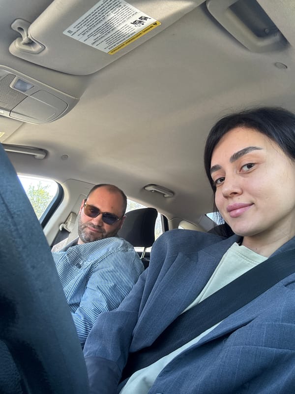 Two people photographed inside car in Tbilisi early morning