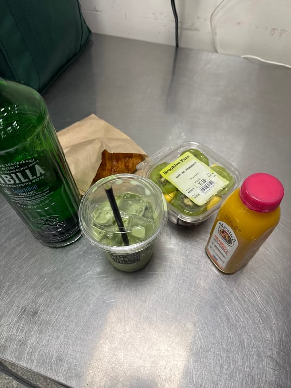 Midday snack break outside Brooklyn Fare with matcha and fruit