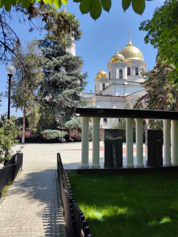 Orthodox cathedral and WWII tank monument in central Simferopol