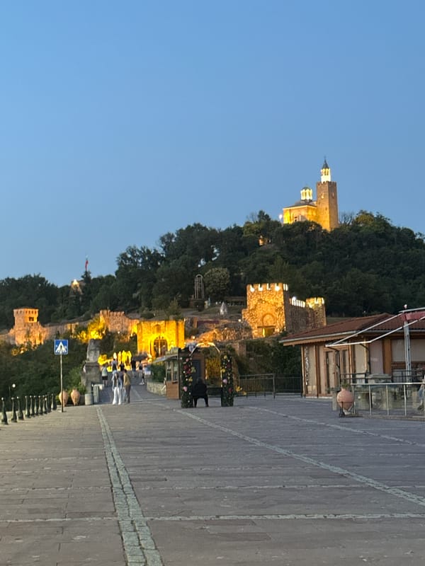 Tsarevets Fortress glows at dusk in Veliko Tarnovo