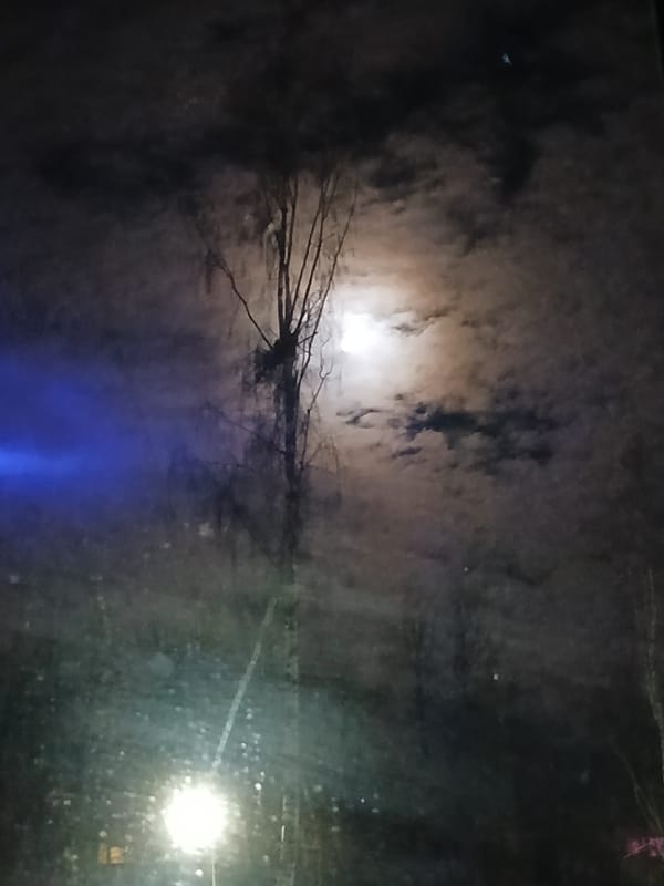 Bright moon observed through window on April evening