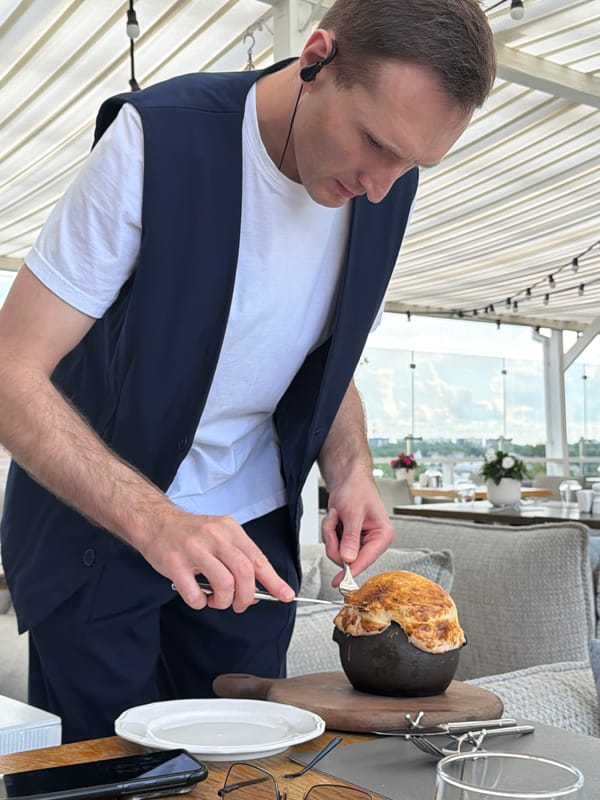 Rooftop brunch in Saint Petersburg, sunny morning spread