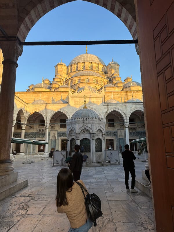 Evening sunlight illuminates Istanbul's New Mosque as visitors gather
