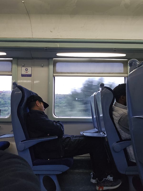 Two passengers travel by train in Dkhissa, Morocco