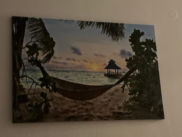 Beach painting featuring hammock and ocean view spotted in Greece