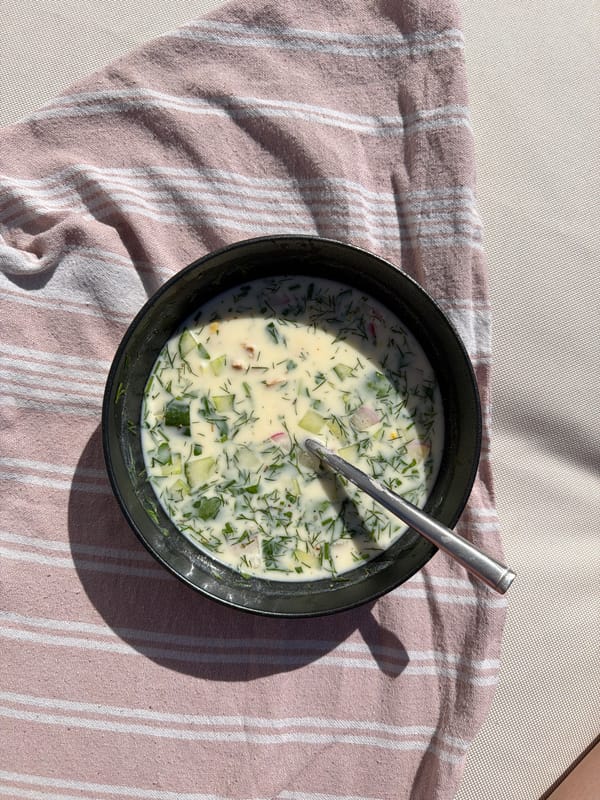 Afternoon meal with Russian soup and beverages in Gangloff