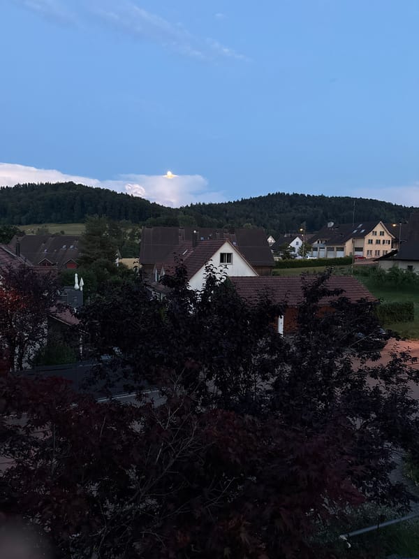 Summer evening on a Lufingen balcony, moon rising, tomatoes ripening