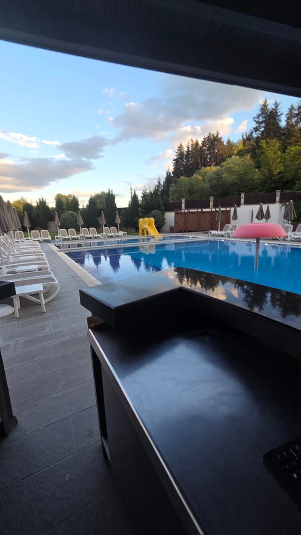 Evening scenes from spa facility pool and reception areas