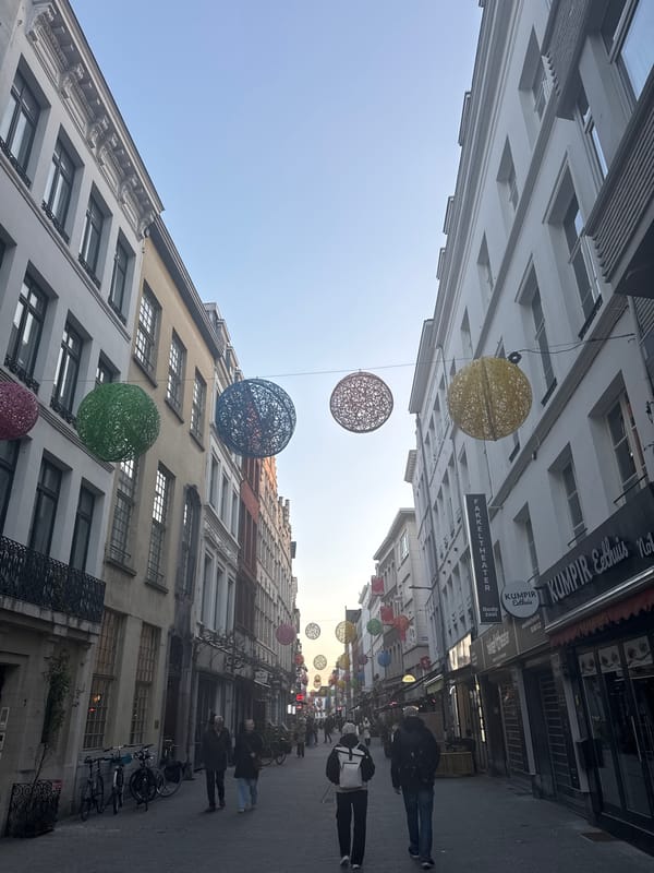 Couple walks through historic Antwerp streets at evening