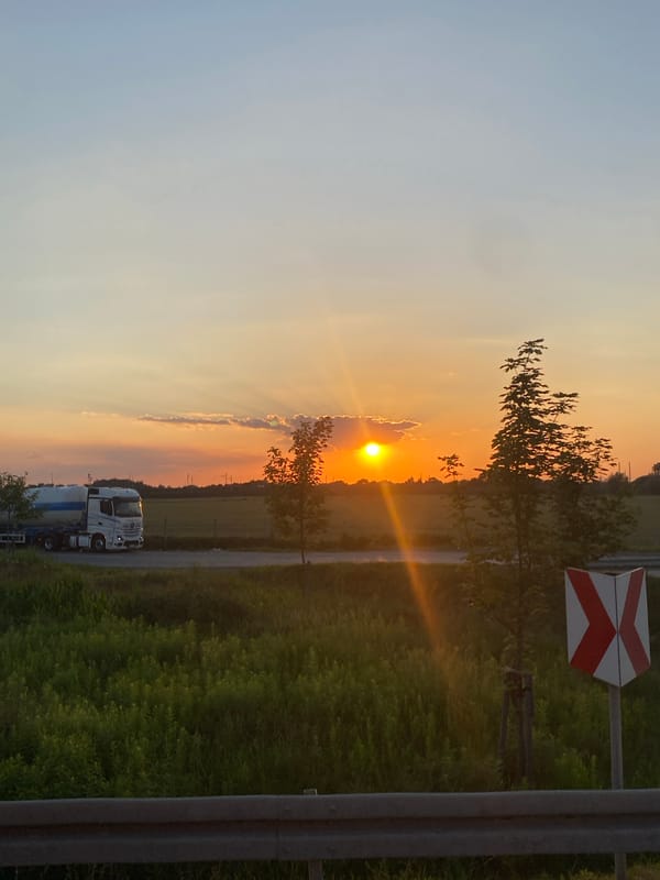 Golden hour on a Polish roadside, trucks and open fields