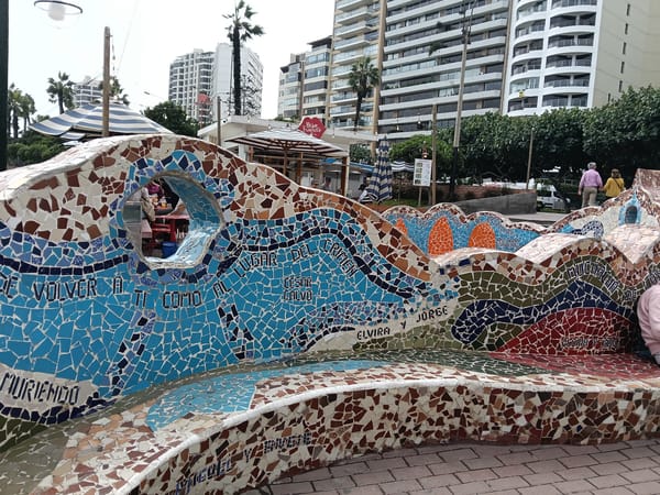 Mosaic bench documented in Miraflores park, Peru