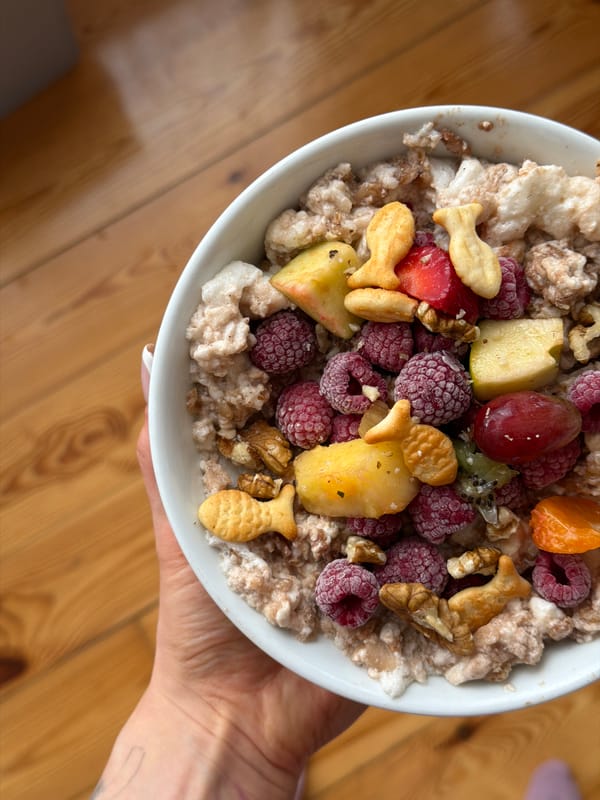 Fruit-topped breakfast bowl photographed in Budva, Montenegro