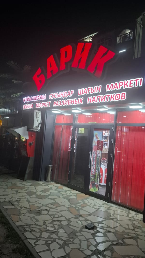 Shymkent streets after dark, neon signs and nightlife