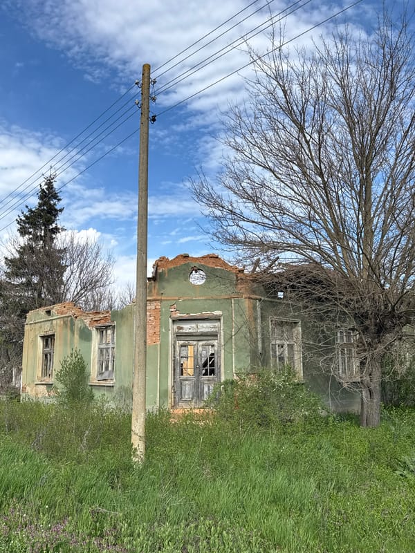 White stork nests near abandoned building in Bulgarian village