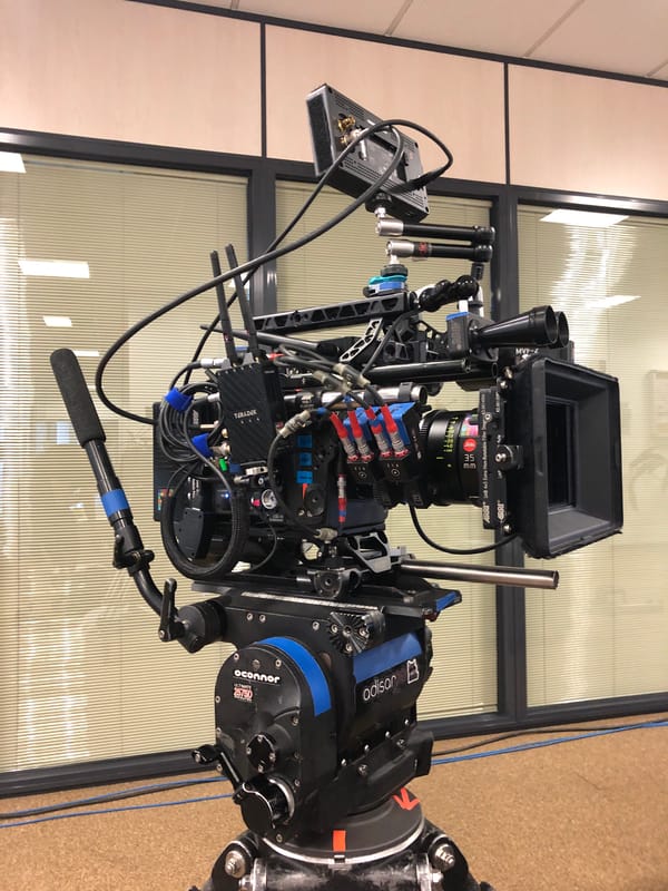Film crew sets up professional camera equipment in Madrid suburb