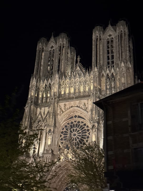 Reims Cathedral illuminated at night showcases Gothic architecture