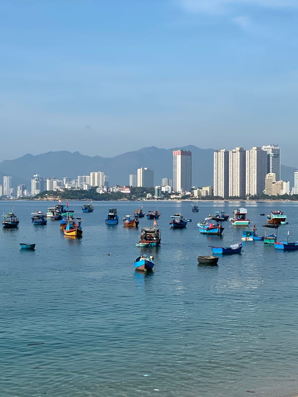 Nha Trang bay, construction sites, and scattered broken glass