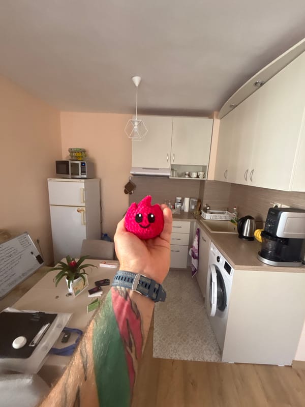 Morning apartment hangout with pink crocheted toy in Varna