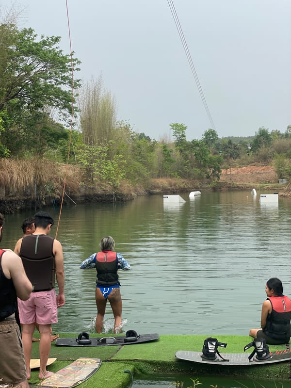 Morning recreation activities documented at Thailand wakeboarding park