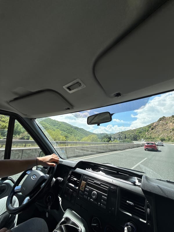 Vehicle interior documented during sunny drive through northern Greece