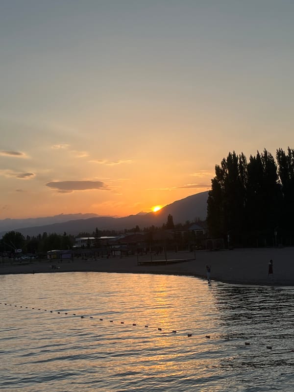 Sunset over Choktal's lakeside shore, Kyrgyzstan