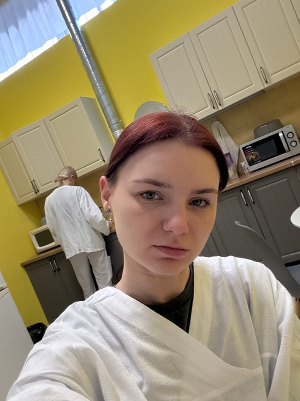 Selfies and candid shots in a lab coat workplace, Saint Petersburg