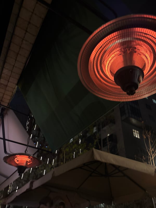 Evening coffee documented at Yerevan cafe with patio heaters