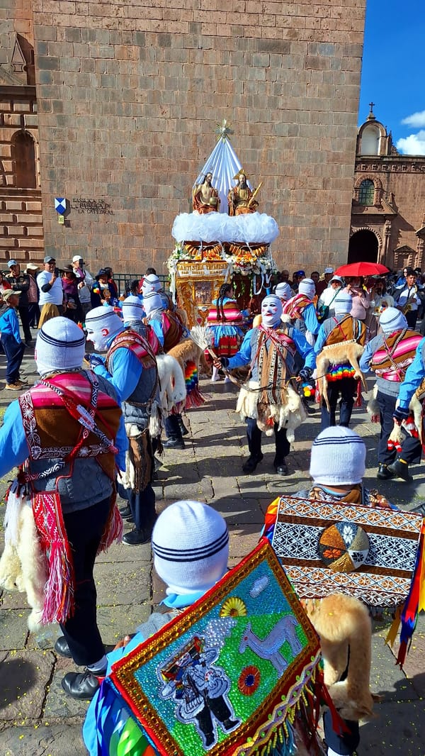 Traditional procession observed in historic Cuzco, Peru