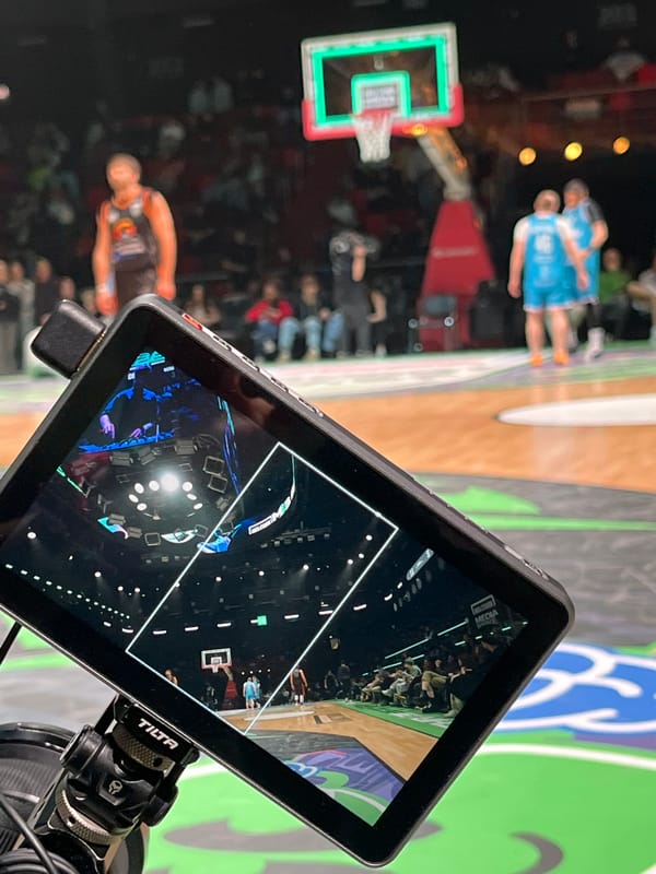 Basketball game viewed through camera monitor in Moscow