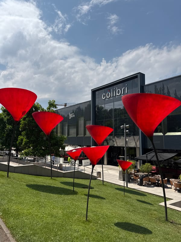 Colibri Mall's sculptural grounds on a sunny Almaty morning