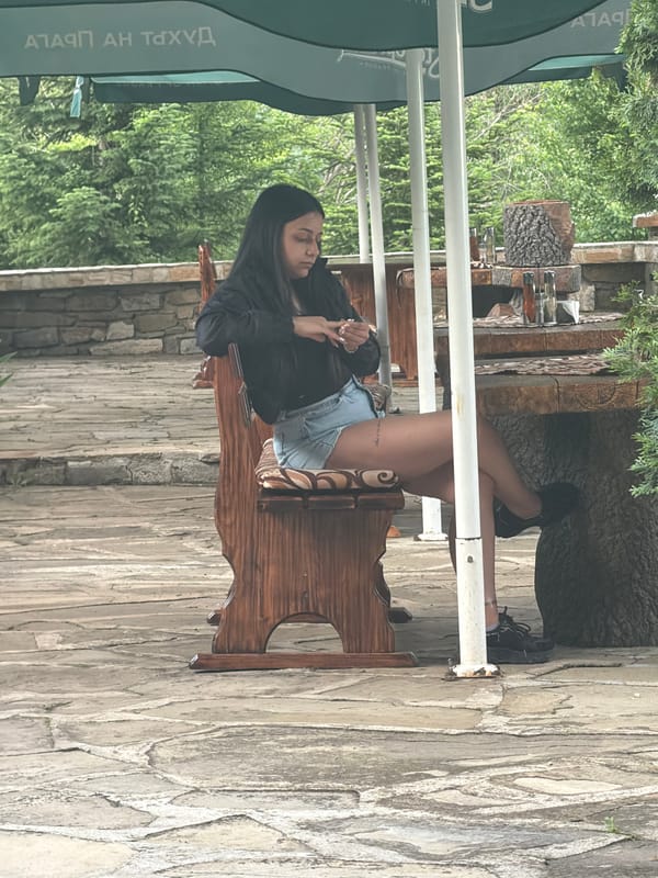 Leisurely lunch documented at hillside restaurant in Bulgarian countryside
