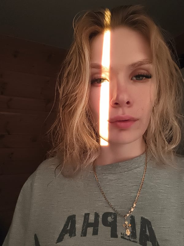Woman photographed in multiple indoor portraits in Russian village