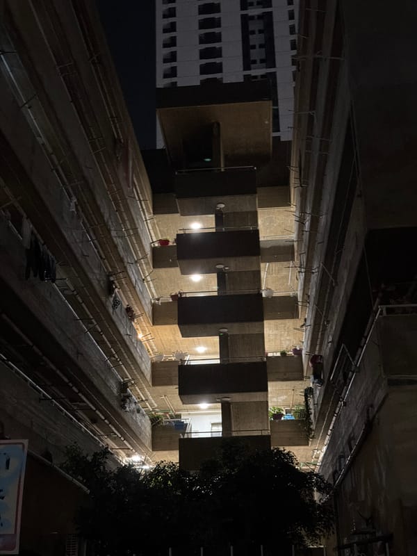 Nighttime apartment building photographed in Bat Yam, Israel