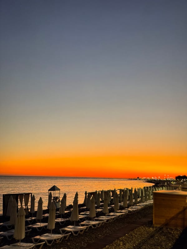 Sunset on a rocky beach, ending at a lit-up café
