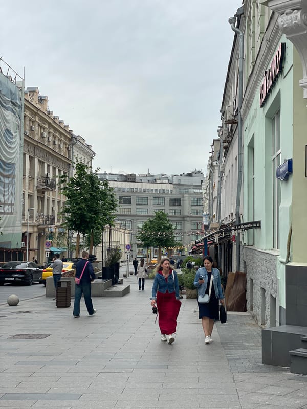 Pedestrian street scene in central Moscow on a cloudy morning